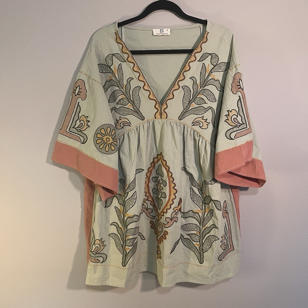 Boho Sage Embroidered Dress Loose Fit V-Neck Babydoll Size S festival Fairy